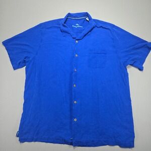 Tommy Bahama 100% Silk Shirt Blue Button Down Short Sleeve marlin logo Mens 2XLT